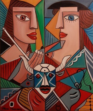 Malerei mit dem Titel "Mulher,homem e touro" von Olena Blinnikova, Original-Kunstwerk, Öl Auf Keilrahmen aus Holz montiert