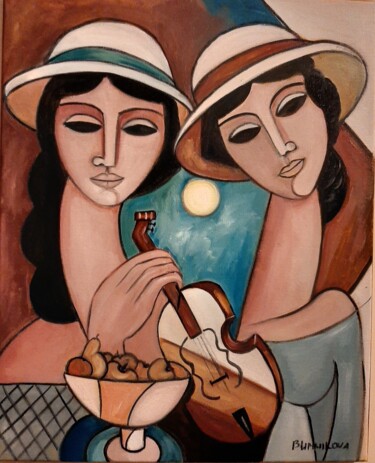 Schilderij getiteld "Две женщины и скрип…" door Olena Blinnikova, Origineel Kunstwerk, Olie Gemonteerd op Frame voor houten…