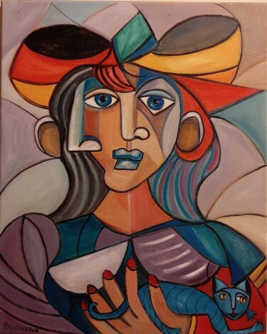 Painting titled "Mulher e gatinho" by Olena Blinnikova, Original Artwork, Oil Mounted on Wood Stretcher frame
