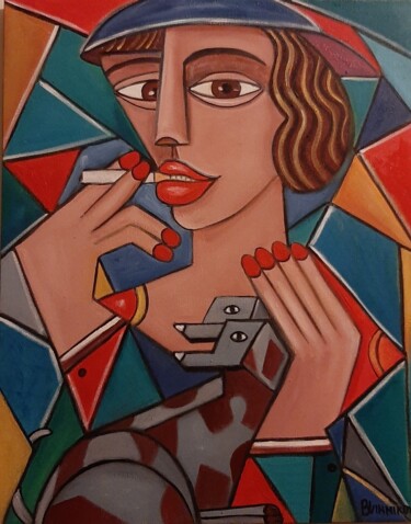 Painting titled "Mulher com dois cac…" by Olena Blinnikova, Original Artwork, Oil Mounted on Wood Stretcher frame
