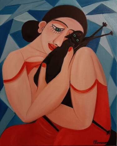 Painting titled "Mulher com um gatin…" by Olena Blinnikova, Original Artwork, Oil Mounted on Wood Stretcher frame
