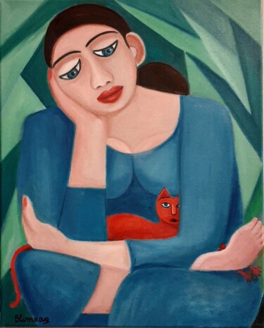 Peinture intitulée "Mulher com um gatin…" par Olena Blinnikova, Œuvre d'art originale, Huile Monté sur Châssis en bois