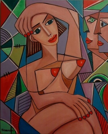 Painting titled "Mulher em pensamento" by Olena Blinnikova, Original Artwork, Oil Mounted on Wood Stretcher frame