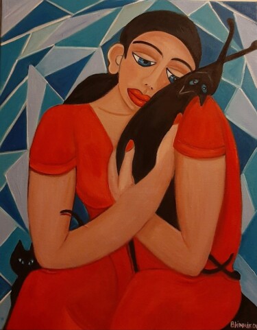 Painting titled "Mulher com dois gat…" by Olena Blinnikova, Original Artwork, Oil Mounted on Wood Stretcher frame