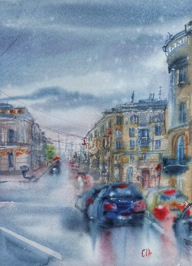 Painting titled "In the rain" by Olena Koliesnik, Original Artwork, Watercolor