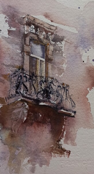 Malarstwo zatytułowany „A balcony in Lviv -…” autorstwa Олена Колєснік, Oryginalna praca, Akwarela