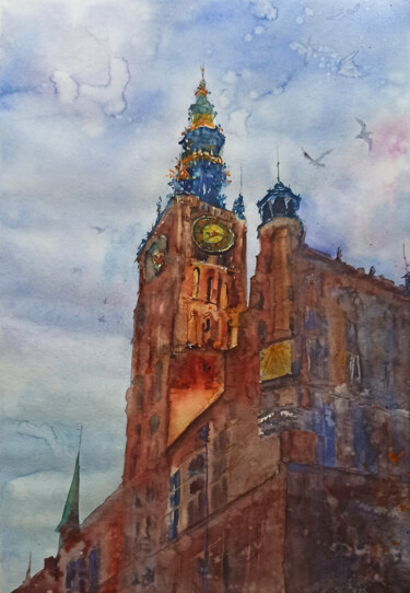 Pintura titulada "The main town hall…" por Olena Koliesnik, Obra de arte original, Acuarela