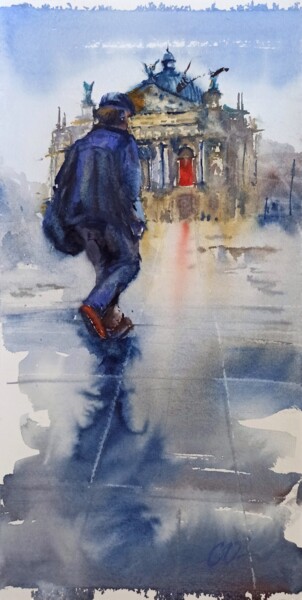 Pittura intitolato "In the rain past th…" da Olena Koliesnik, Opera d'arte originale, Acquarello