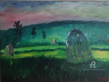 Painting titled "foin hay au coucher…" by Kozar, Original Artwork, Oil Mounted on Wood Stretcher frame