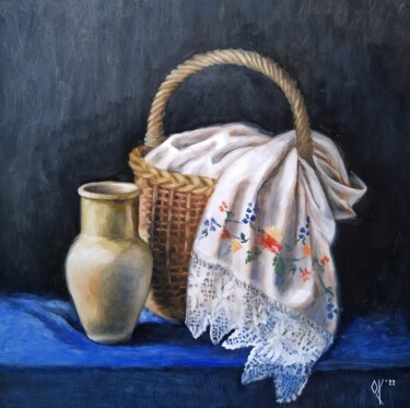 Painting titled "Basket with a towel…" by Olena Kucher, Original Artwork, Oil