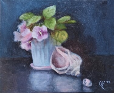 Картина под названием "Indoor Flowers, She…" - Olena Kucher, Подлинное произведение искусства, Масло