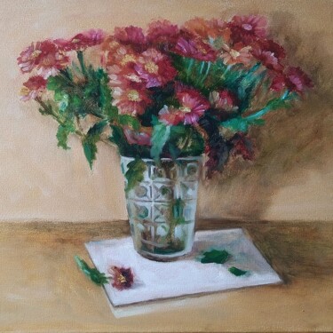 Painting titled "Chrysanthemums, red…" by Olena Kucher, Original Artwork, Oil