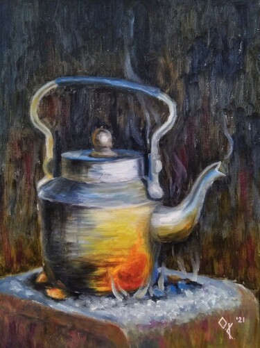 Schilderij getiteld "Hot kettle, kettle…" door Olena Kucher, Origineel Kunstwerk, Olie