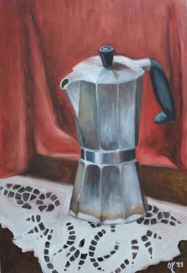 Schilderij getiteld "Сoffee Рot In Red" door Olena Kucher, Origineel Kunstwerk, Olie