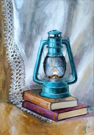 Painting titled "Blue paraffin lamp…" by Olena Kucher, Original Artwork, Oil