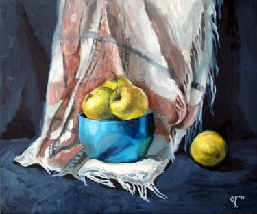Painting titled "Apples on afringed…" by Olena Kucher, Original Artwork, Oil