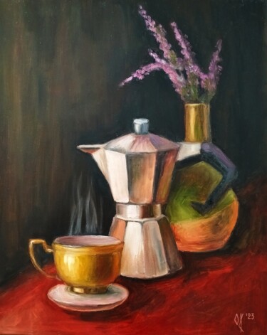 Schilderij getiteld "Madam's Coffee" door Olena Kucher, Origineel Kunstwerk, Olie