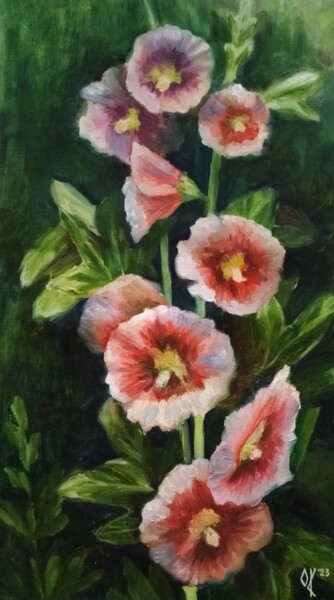 Pintura titulada "Malva Flowers" por Olena Kucher, Obra de arte original, Oleo