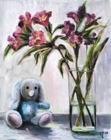 Painting titled "Bouquet, glass, toy" by Olena Kucher, Original Artwork, Oil