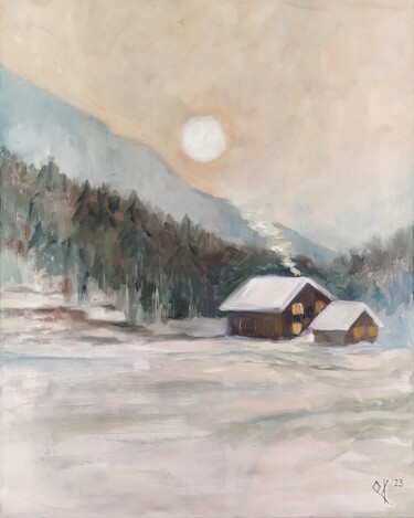 Painting titled "Snowy mountains of…" by Olena Kucher, Original Artwork, Oil