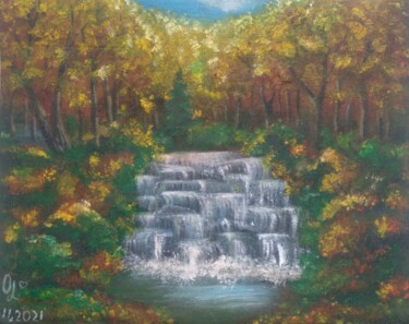Ζωγραφική με τίτλο "Осенний водопад" από Olena Lisova, Αυθεντικά έργα τέχνης, Λάδι Τοποθετήθηκε στο Χαρτόνι