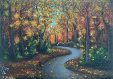 Картина под названием "Осенняя дорога" - Olena Lisova, Подлинное произведение искусства, Масло Установлен на картон