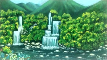 Dibujo titulada "Горный водопад" por Olena Lisova, Obra de arte original, Oleo