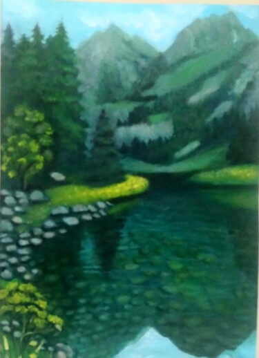 Dessin intitulée "Горное озеро" par Olena Lisova, Œuvre d'art originale, Huile