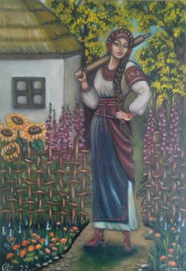 Schilderij getiteld "Казачка ожидает муж…" door Olena Lisova, Origineel Kunstwerk, Olie