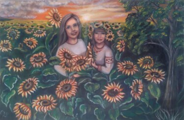 Painting titled "В подсолнухах" by Olena Lisova, Original Artwork, Oil