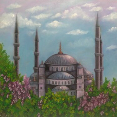 Painting titled "Голубая мечеть весн…" by Olena Lisova, Original Artwork, Oil Mounted on Wood Stretcher frame