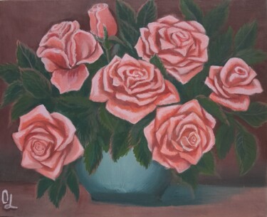 Картина под названием "Розовые розы в круг…" - Olena Lisova, Подлинное произведение искусства, Акрил