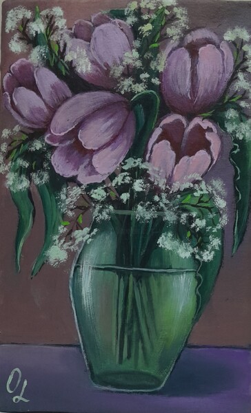 Картина под названием "Букет тюльпанов в н…" - Olena Lisova, Подлинное произведение искусства, Акрил