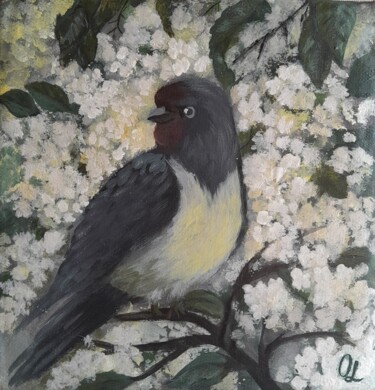 Картина под названием "Птичка весеннем сад…" - Olena Lisova, Подлинное произведение искусства, Акрил Установлен на картон