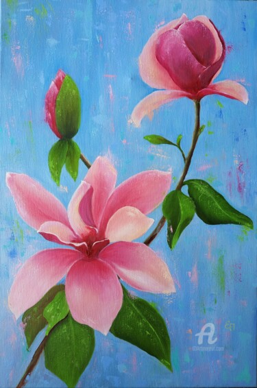 Peinture intitulée "Magnolia bloom" par Olena Poleva, Œuvre d'art originale, Huile Monté sur Châssis en bois