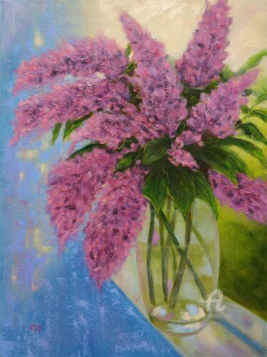 Painting titled "Lilacs bloom" by Olena Poleva, Original Artwork, Oil Mounted on Wood Stretcher frame