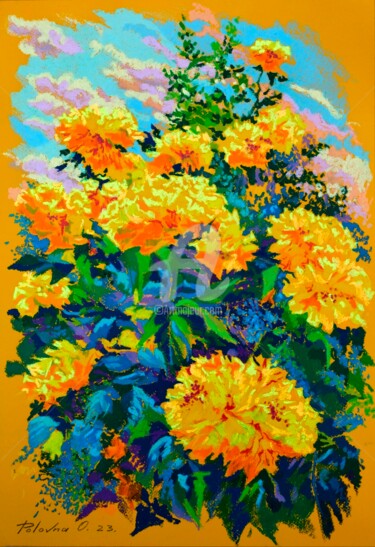 Painting titled "fleurs dorées" by Olena Polovna, Original Artwork, Pastel