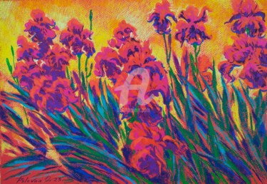 Ζωγραφική με τίτλο "Iris rouges" από Olena Polovna, Αυθεντικά έργα τέχνης, Παστέλ