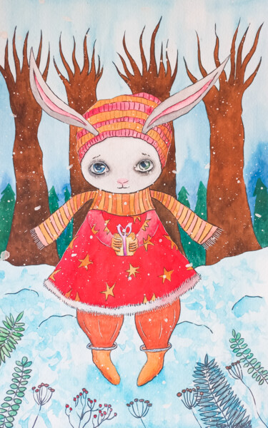 Картина под названием "A gift from a bunny" - Olena Sielchonok, Подлинное произведение искусства, Акварель