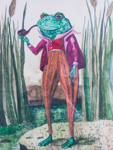 Ζωγραφική με τίτλο "Mr. Frog" από Olena Sielchonok, Αυθεντικά έργα τέχνης, Ακουαρέλα
