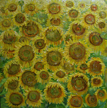 Painting titled "Sunflower morning" by Olena Teliatnyk, Original Artwork, Oil Mounted on Wood Stretcher frame