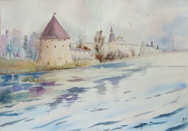Malerei mit dem Titel "Fortress in spring" von Olena Yemelianova, Original-Kunstwerk, Aquarell