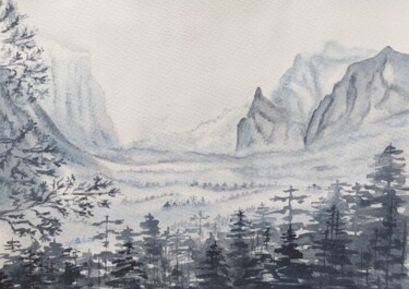 Картина под названием "Fog in the mountains" - Olena Yemelianova, Подлинное произведение искусства, Акварель