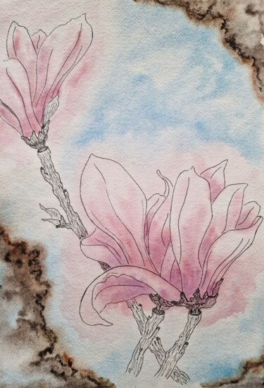 Картина под названием "Вurnt flowers" - Olena Yemelianova, Подлинное произведение искусства, Акварель