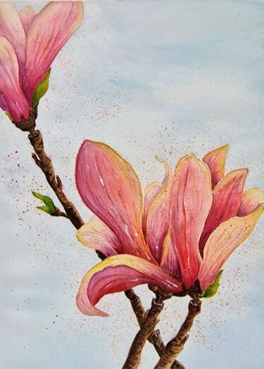 Painting titled "Happy Magnolia" by Olena Yemelianova, Original Artwork, Watercolor