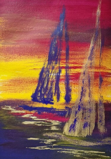 Malerei mit dem Titel "Two yachts at sunset" von Olena Yemelianova, Original-Kunstwerk, Acryl