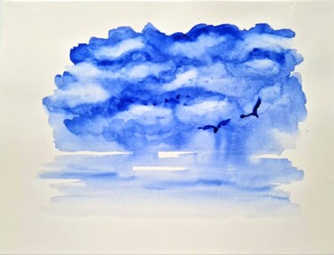 Картина под названием "Rain over the sea" - Olena Yemelianova, Подлинное произведение искусства, Акварель