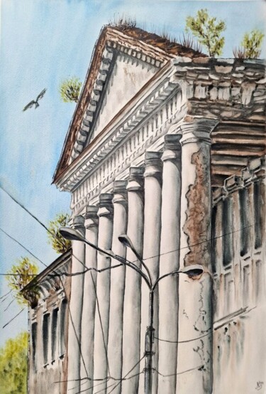 Pintura intitulada "House with columns" por Olena Yemelianova, Obras de arte originais, Aquarela