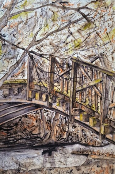 Schilderij getiteld "The lost bridge" door Olena Yemelianova, Origineel Kunstwerk, Aquarel