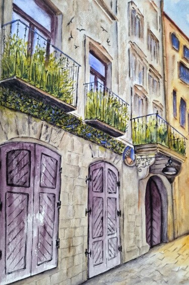 Painting titled "Street gardens. Lviv" by Olena Yemelianova, Original Artwork, Watercolor